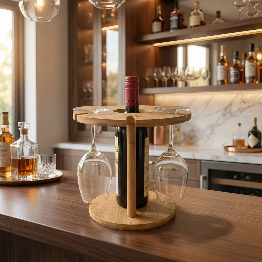 Bamboo wine bottle and glass holder on a kitchen counter with bottles and glasses in the background.