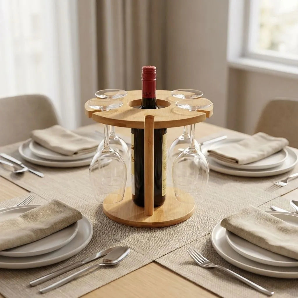 Bamboo  wine bottle holder with glasses on a dining table setting.