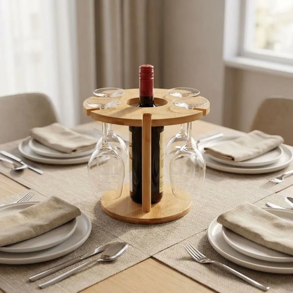 Bamboo Wine Glass Rack elegantly displaying wine glasses and bottle on a dining table for stylish entertaining.