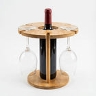 Bamboo Wine Glass Rack holding a wine bottle and two glasses, perfect for elegant display and space-saving wine storage.