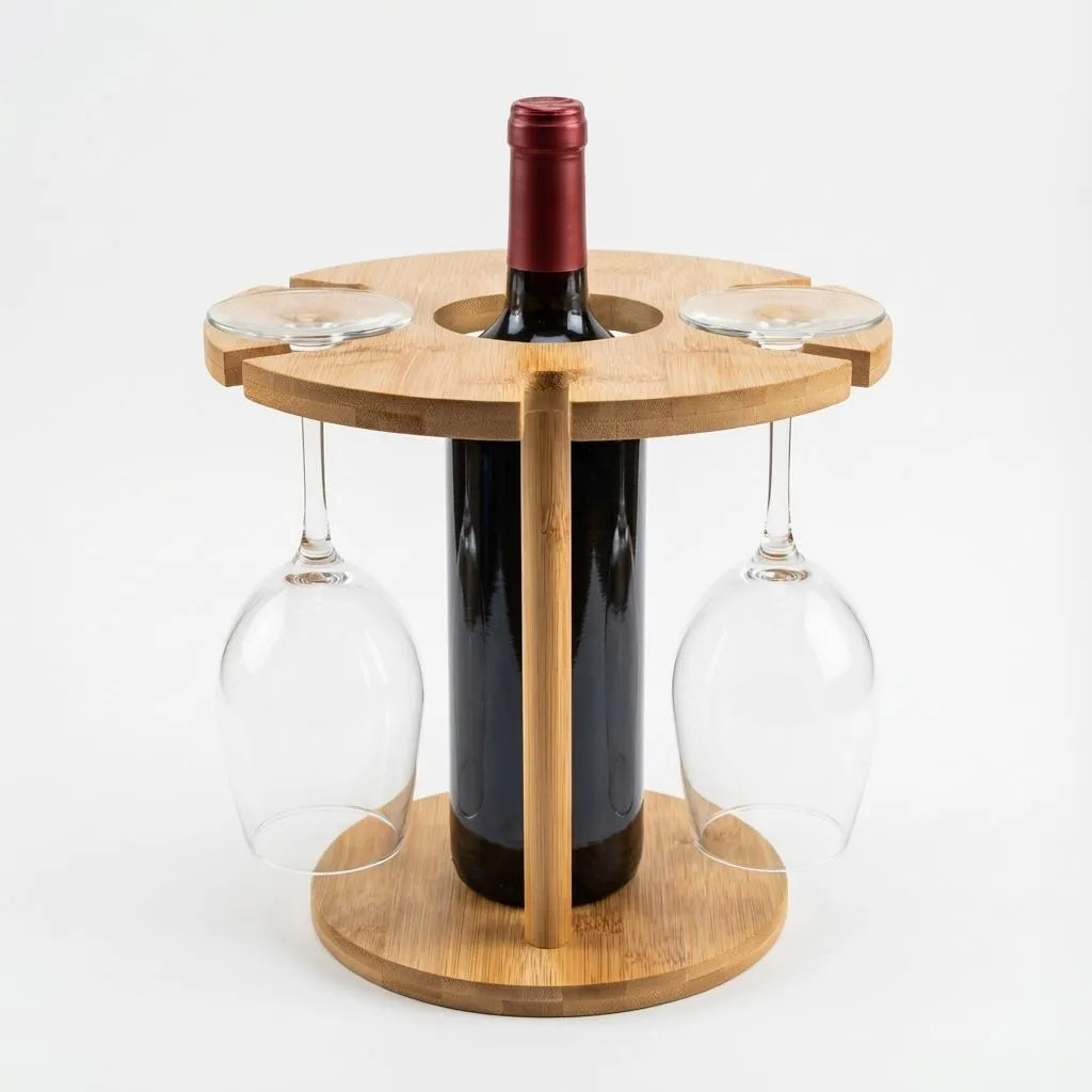 Bamboo wine rack with a bottle of red wine and two glasses on a white background
