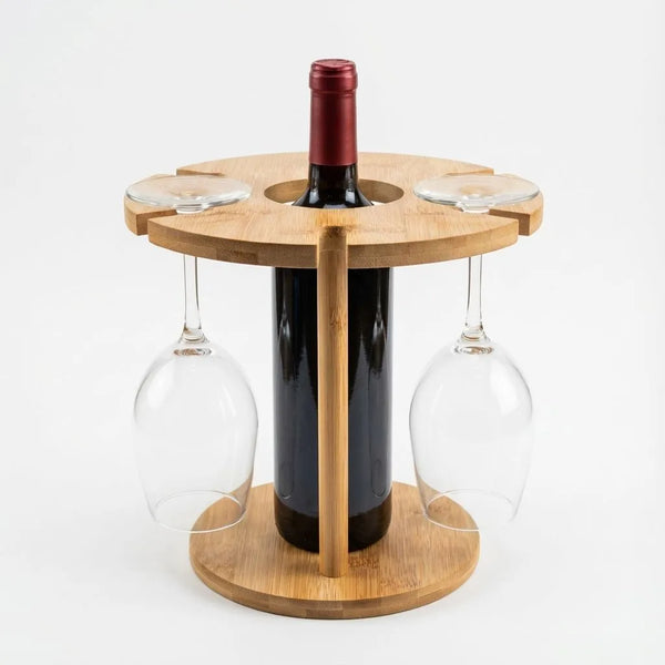 Bamboo Wine Glass Rack holding a wine bottle and two glasses, perfect for elegant display and space-saving wine storage.