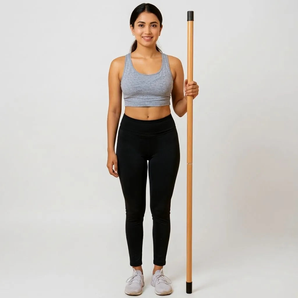 Woman in athletic wear holding a bamboo fitness stick against a plain background