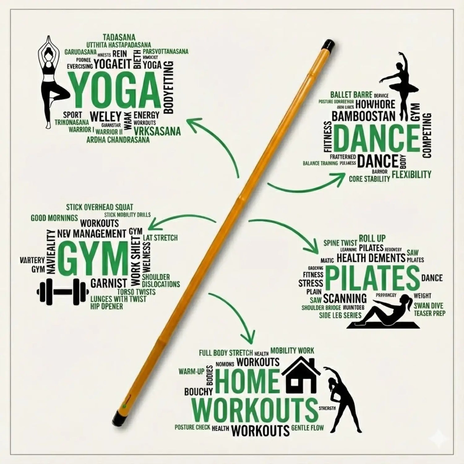 Yoga, gym, dance, and pilates-themed graphic with a bamboo stick on a white background.