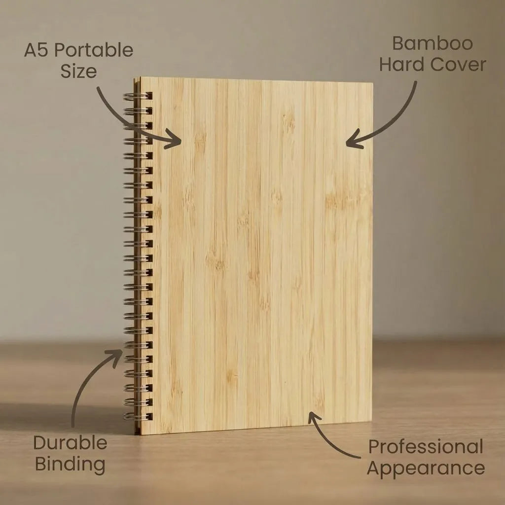 Bamboo cover notebook with text labels on a neutral background
