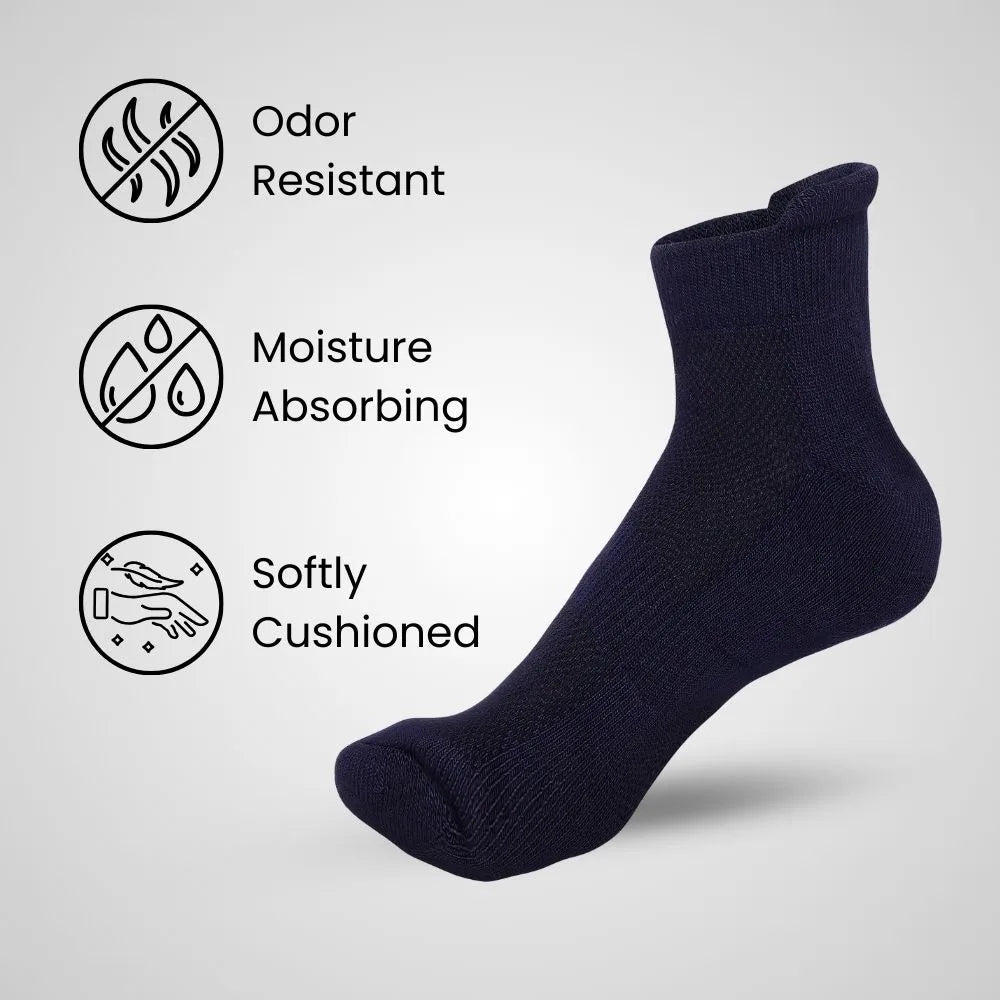 Bamboo Ankle Socks – White, Black, Navy & Grey | Soft, Cushioned & Odor Resistant (Pack of 3)