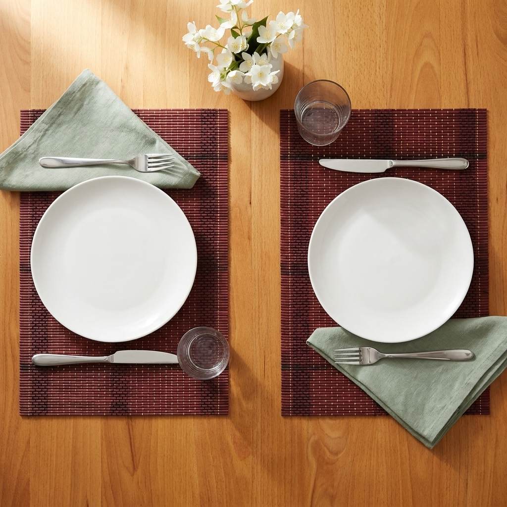 Two woven bamboo placemats as a table setting for two