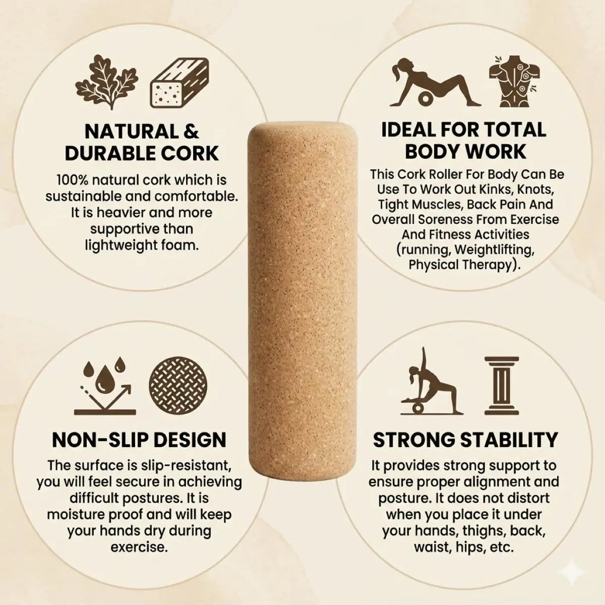 Cork roller with features listed on a beige background