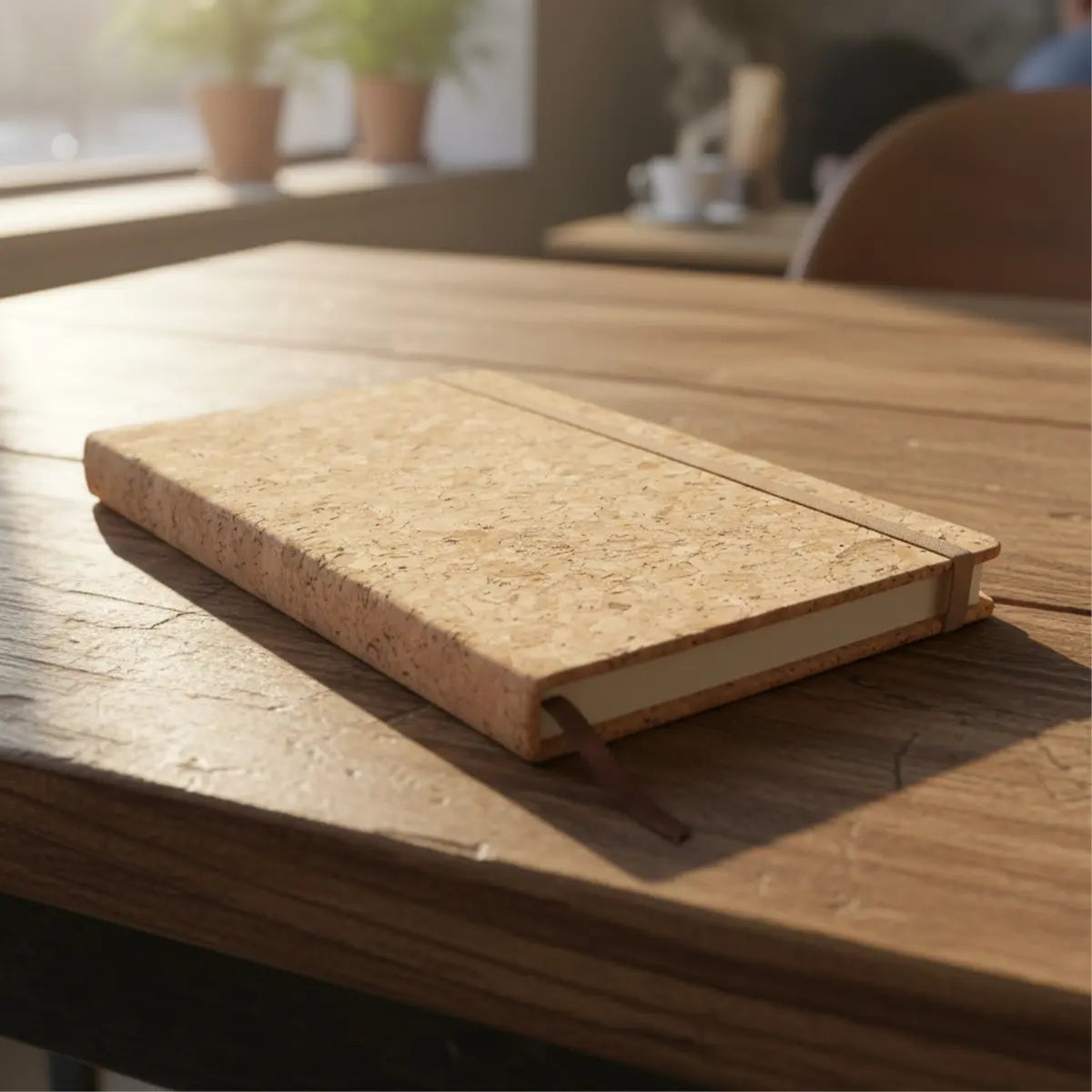 Cork Notebook (160 pages) displayed on a wooden table, showcasing its natural cork cover and sleek design.