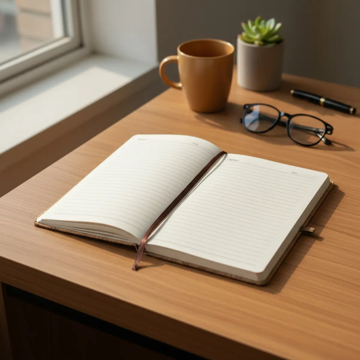 Cork Notebook (160 pages) opened on a wooden desk with a coffee cup and glasses nearby, ideal for journaling and planning.