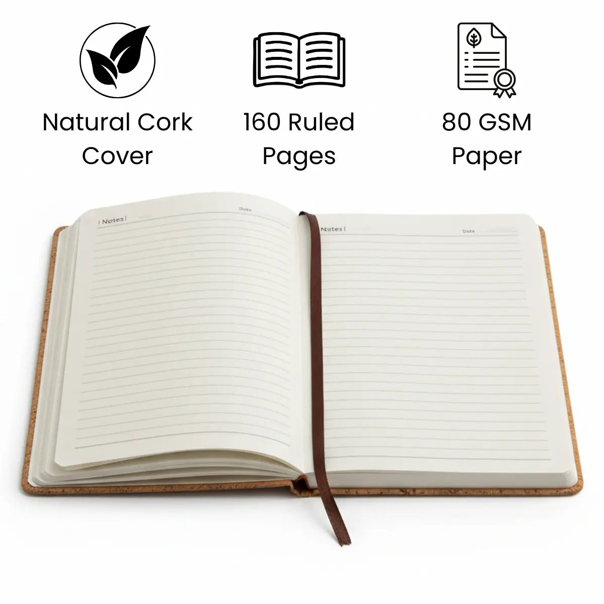 Cork Notebook (160 pages) with natural cork cover, featuring 160 ruled pages and 80 GSM paper for eco-friendly writing.