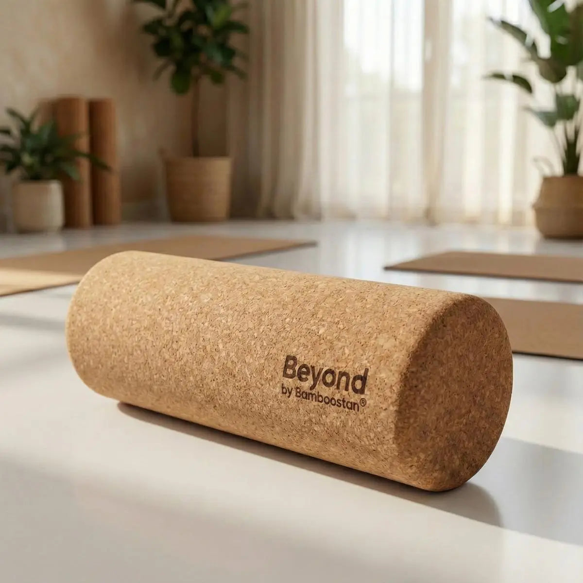 Cork roller on a yoga mat in a room with plants.