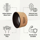 Cork Yoga Wheel featuring benefits: helps relieve back pain, superior grip, natural cork material, sturdy and durable.