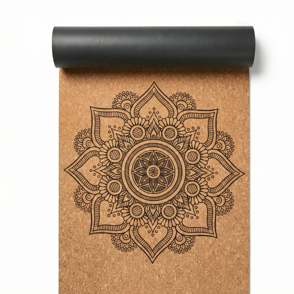 Cork Yoga Mat featuring intricate mandala design for enhanced stability and comfort during practice.