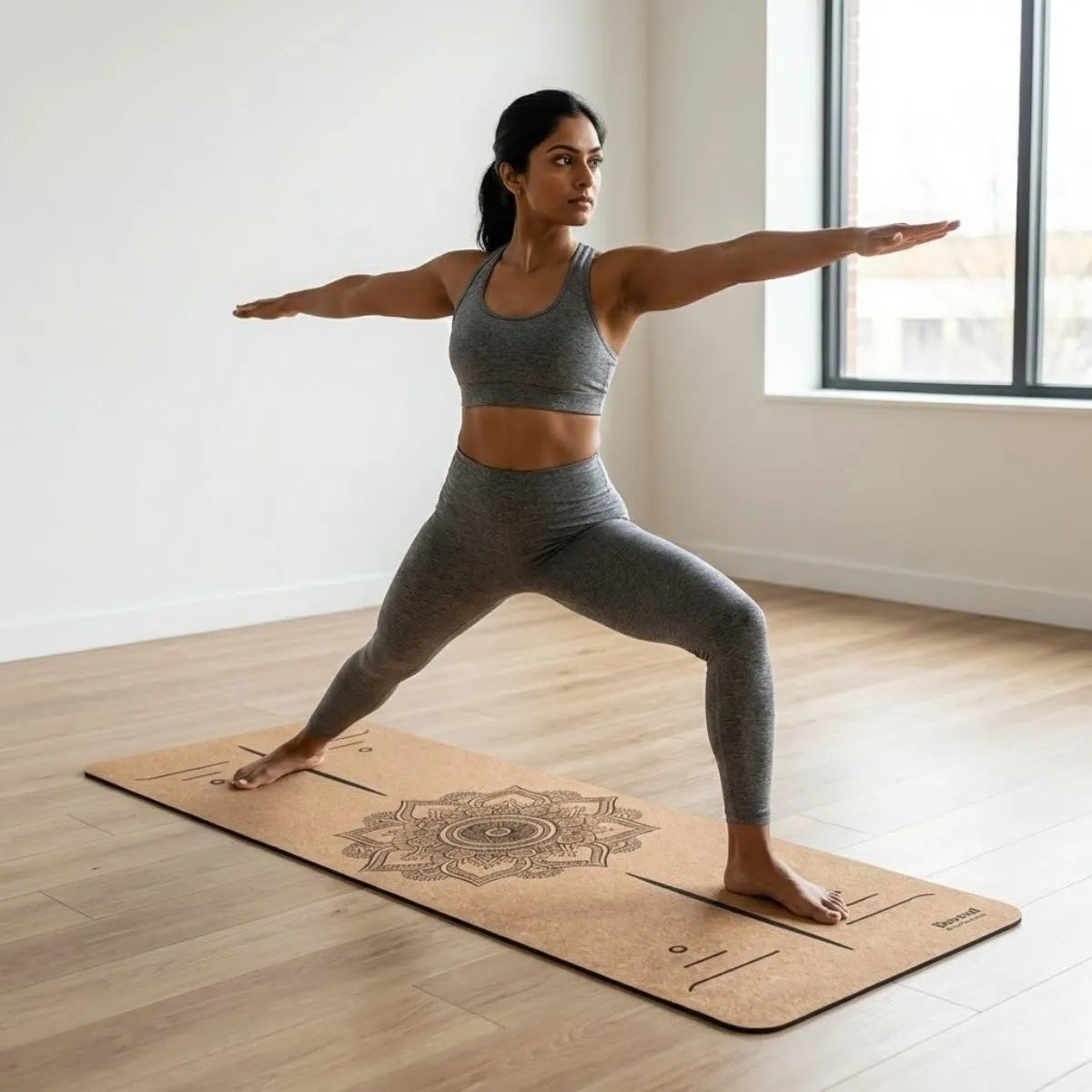 Woman practicing yoga on a Cork Yoga Mat, demonstrating strength and balance in a bright studio.