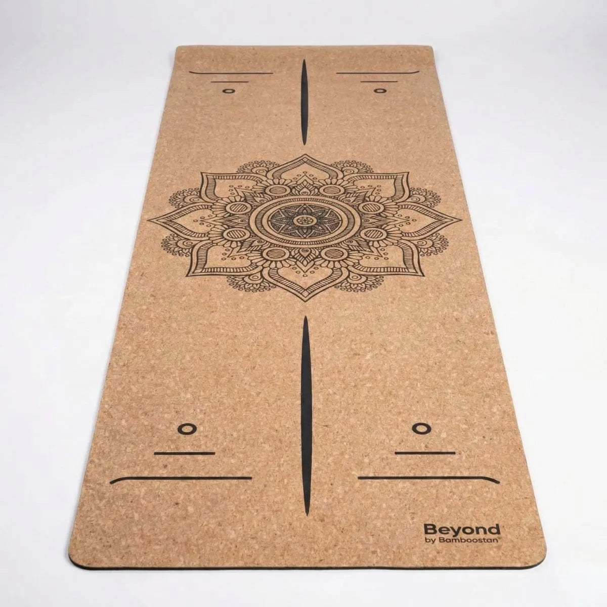 Cork Yoga Mat featuring a beautiful mandala design for stability in yoga and stretching routines.