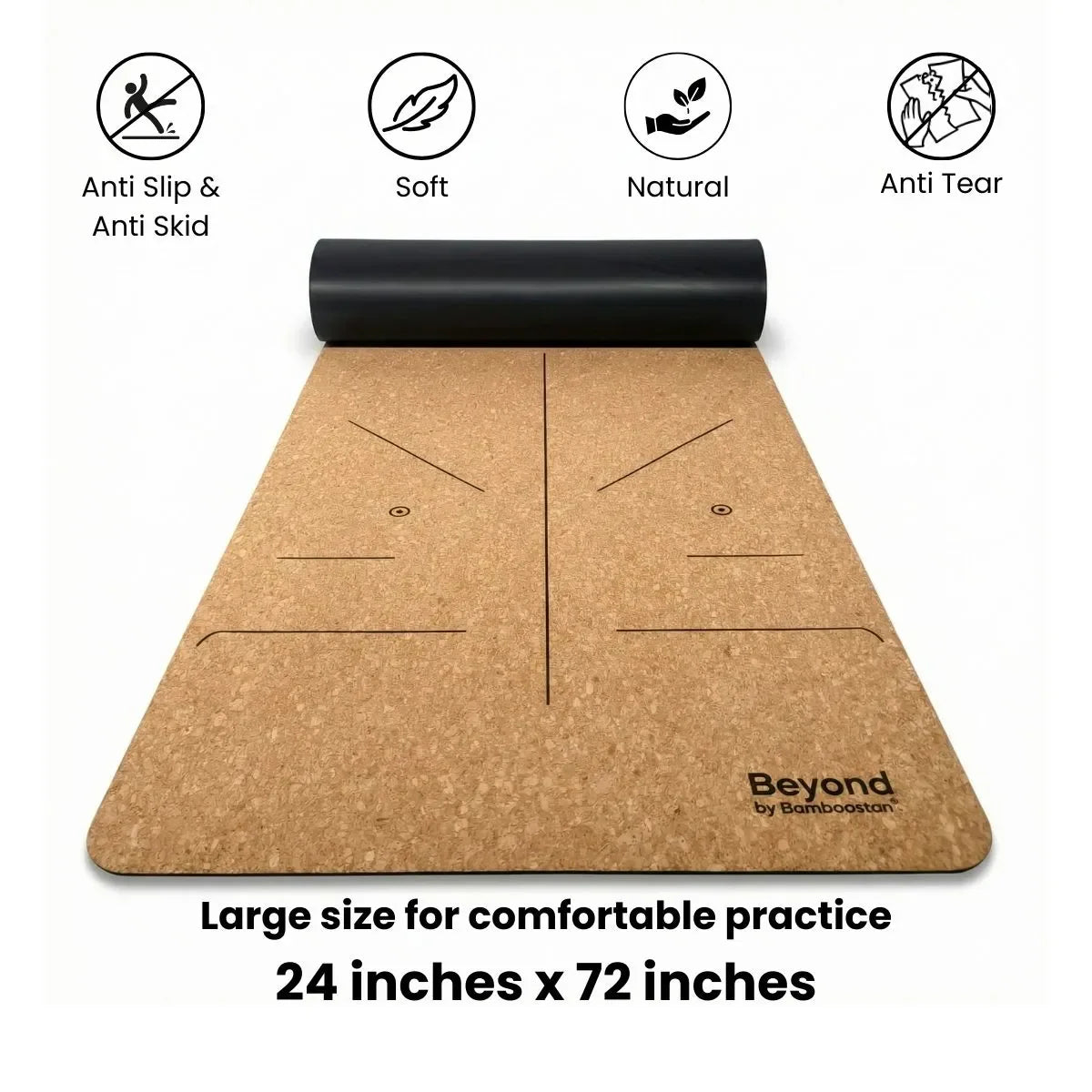 Anti-slip cork surface, soft natural material, large size for comfortable practice.