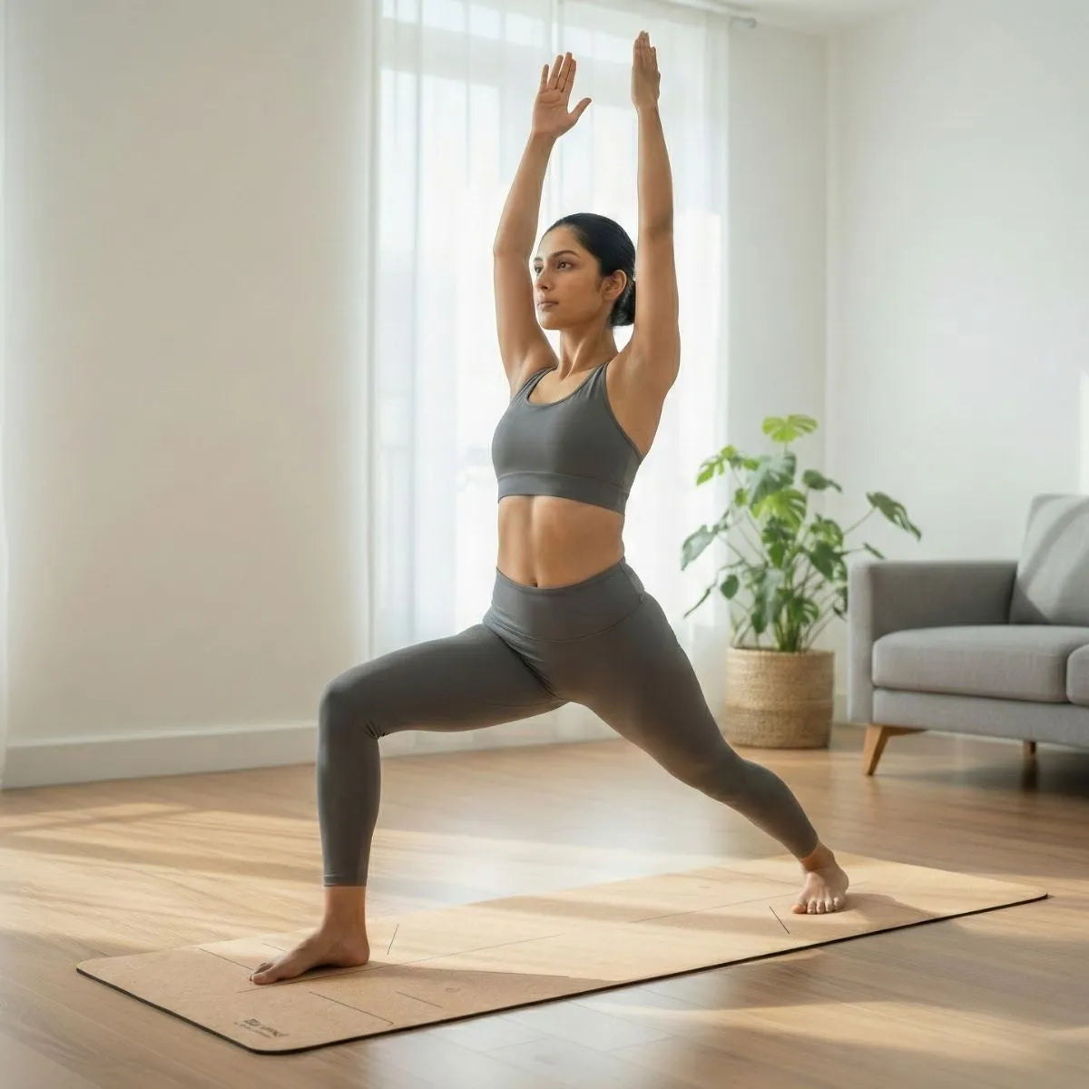 Woman practicing yoga on a Cork Yoga Mat, demonstrating strong alignment and balance in a bright room.