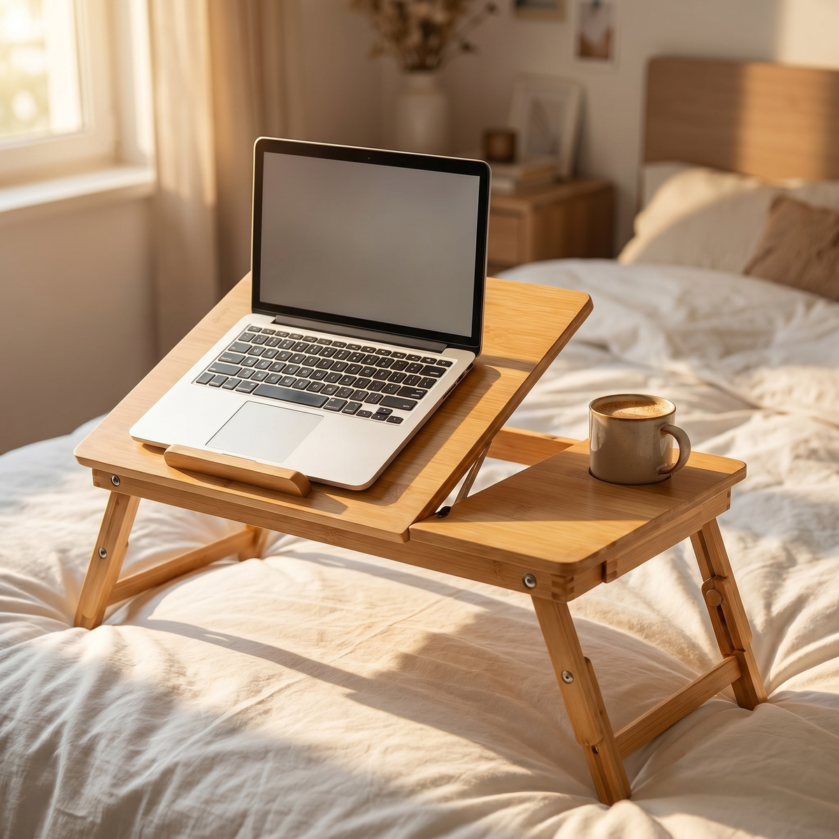Bamboo adjustable laptop desk on a bed with an open laptop on the tilted panel and a coffee mug in the cup holder.