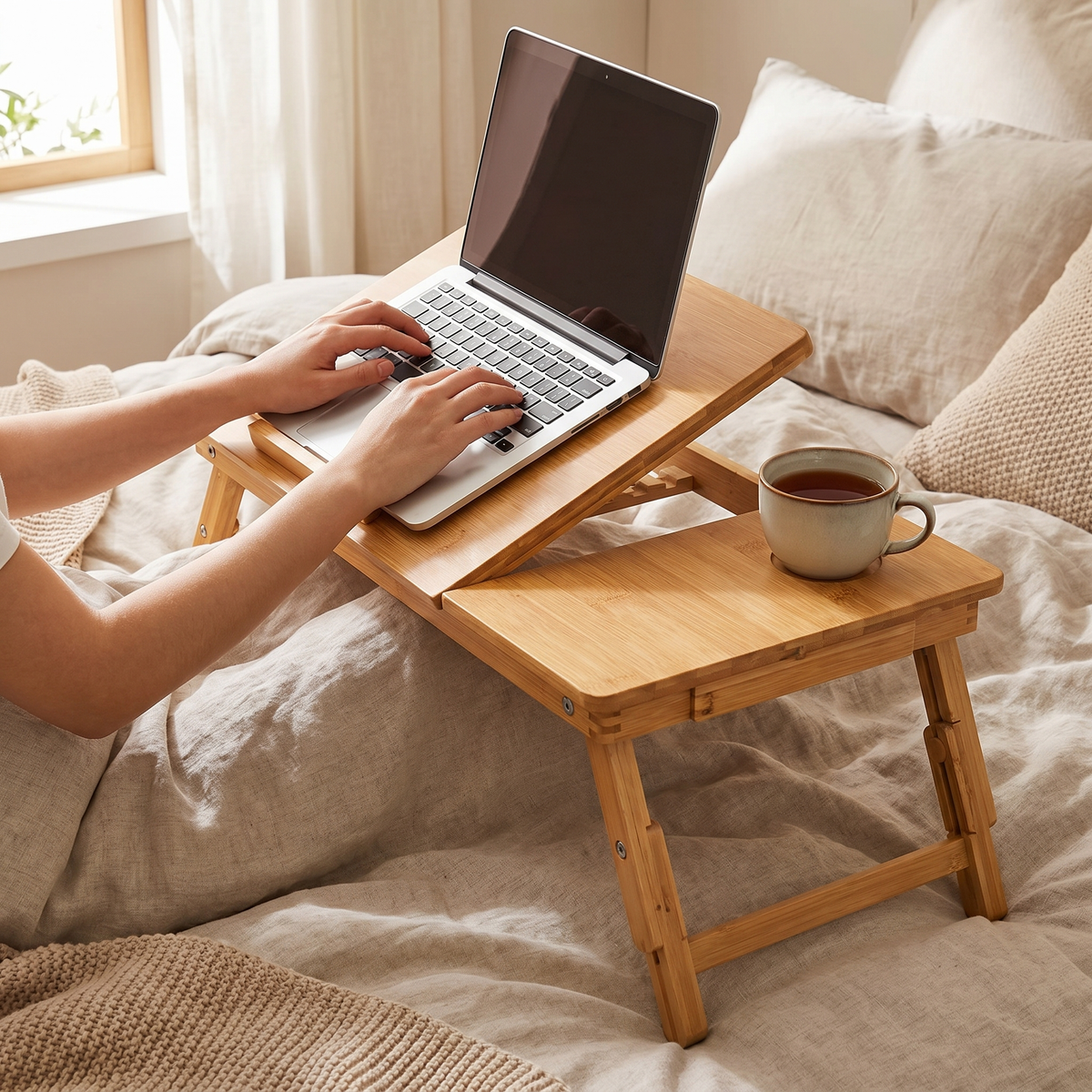 Person typing on a laptop on the tilted bamboo desk in bed, tea mug in the cup holder, showing the adjustable tilt.