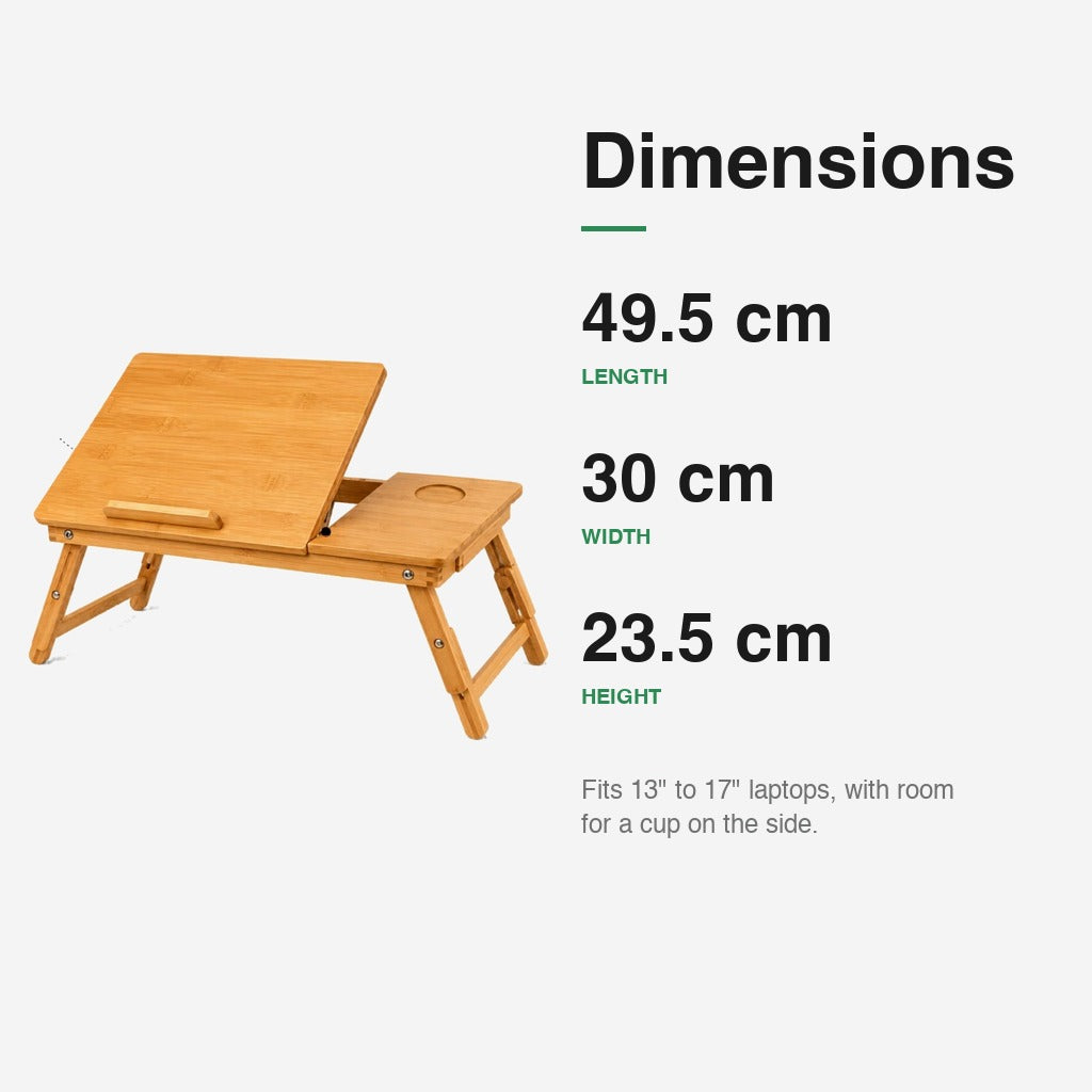Bamboo adjustable laptop desk dimensions — 49.5 cm length, 30 cm width, 23.5 cm height; fits 13 to 17 inch laptops.