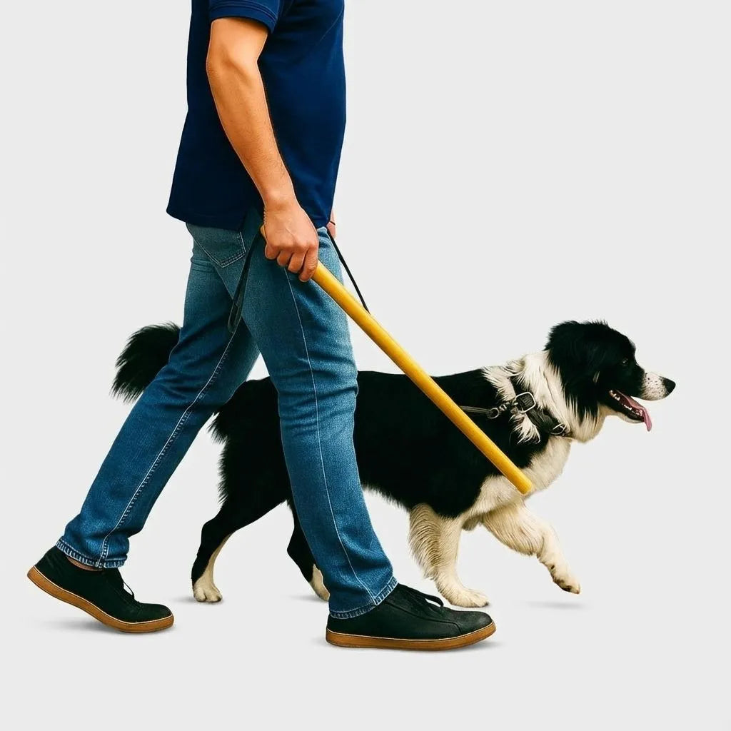 Person walking a dog on a leash against a plain background with a bamboo dog walking stick in hand