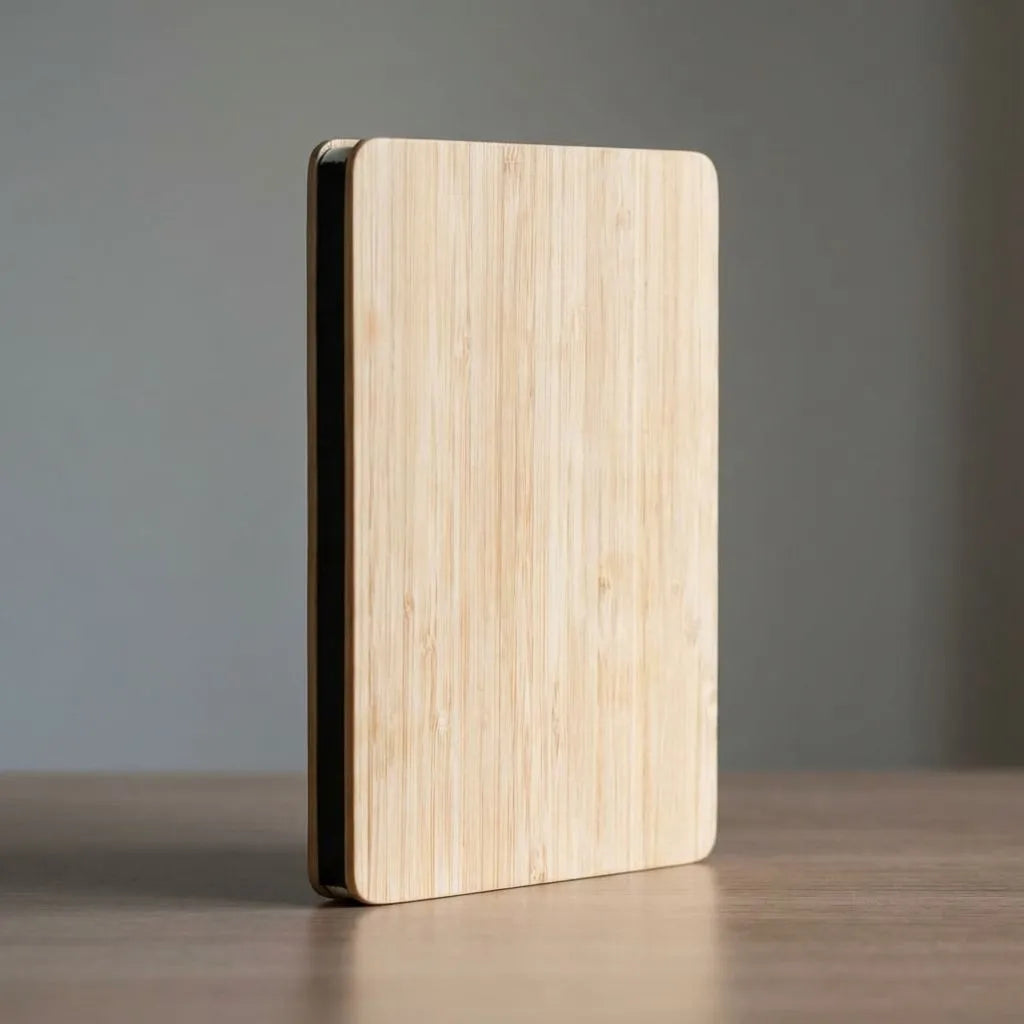 Bamboo cover notebook on a wooden surface with a gray background