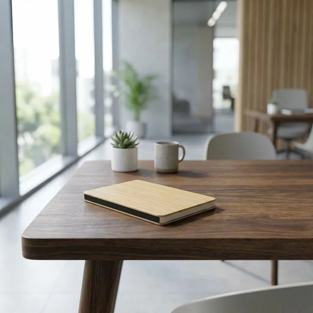 Woodden table with a bamboo notebook and mug in a modern office setting