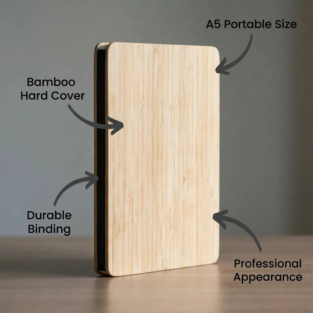 Bamboo cover notebook with text highlighting features on a gray background