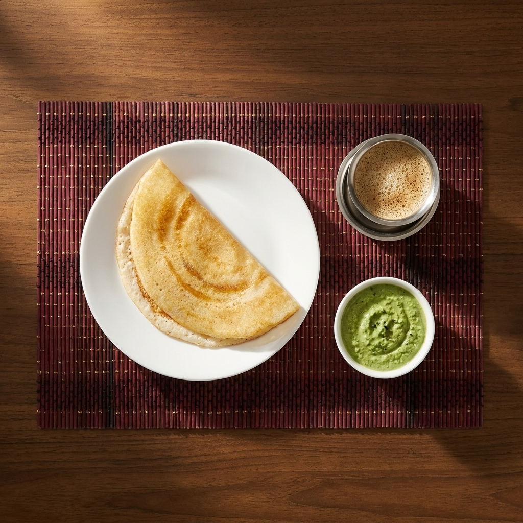 Woven bamboo placemat overhead with dosa and filter coffee