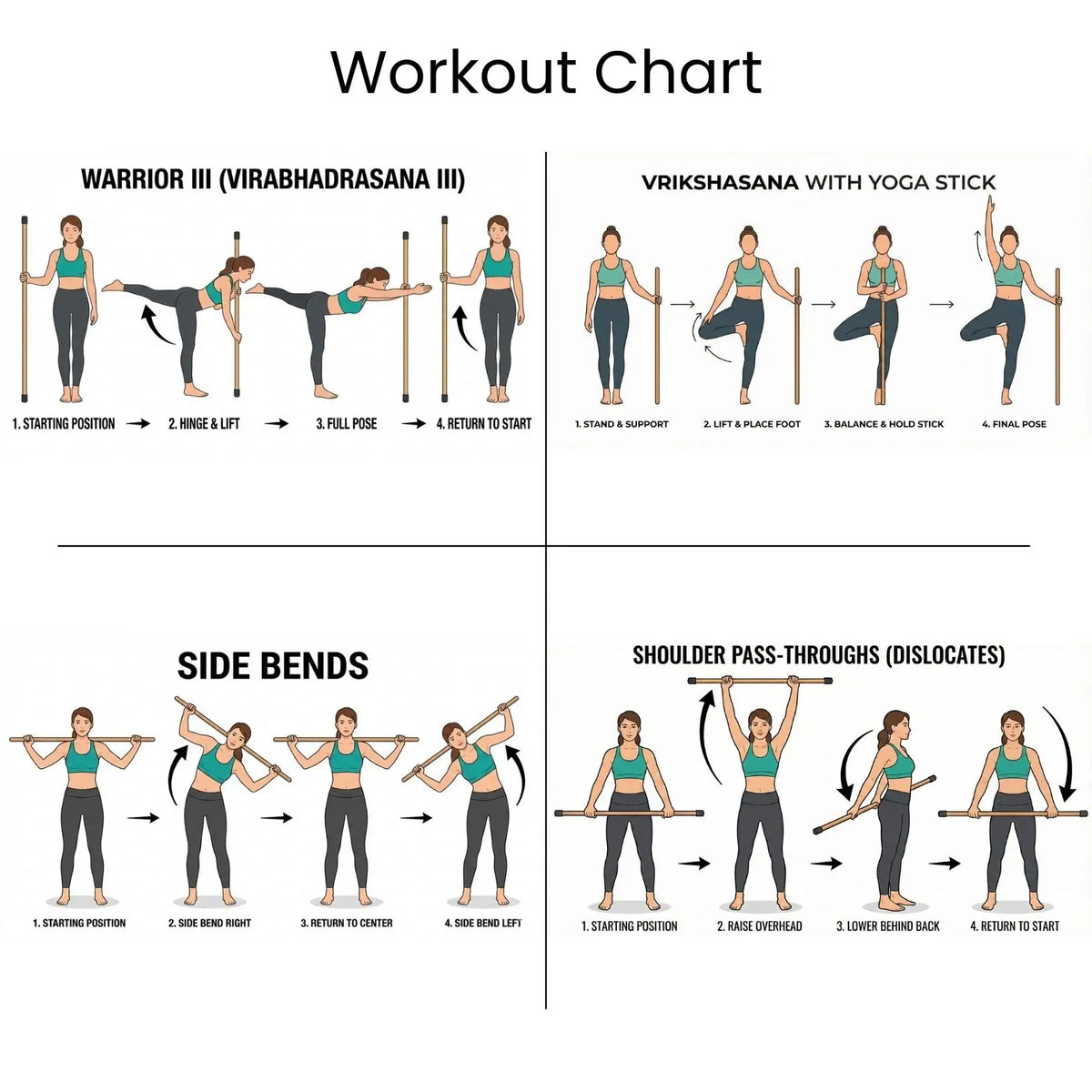 Bamboo Yoga Stick workout chart featuring Warrior III, Vrikshasana, Side Bends, and Shoulder Pass-Throughs.