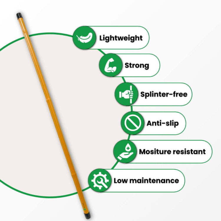 Wooden stick with green icons and text highlighting features on a white background