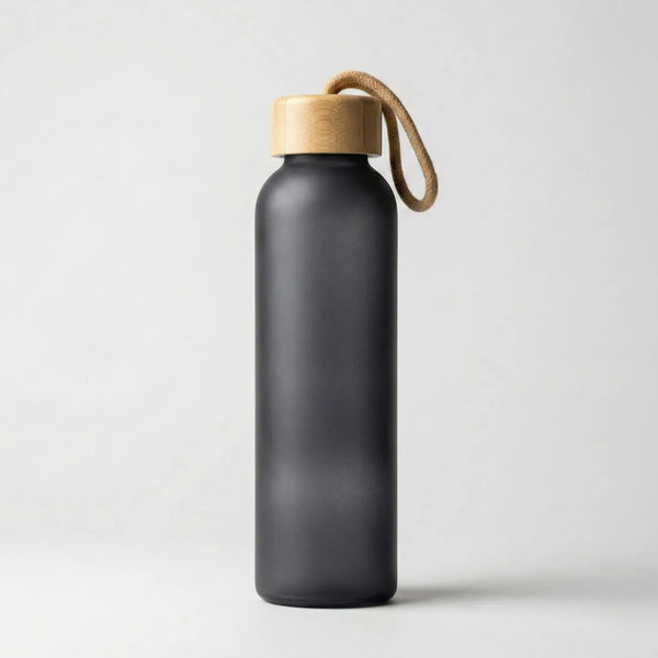 Bamboo Cap Frosted Glass Bottle, stylish glass water bottle with a natural bamboo cap and sleek frosted finish.