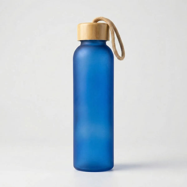 Bamboo Cap Frosted Glass Bottle, stylish glass water bottle with a blue frosted finish and bamboo lid.