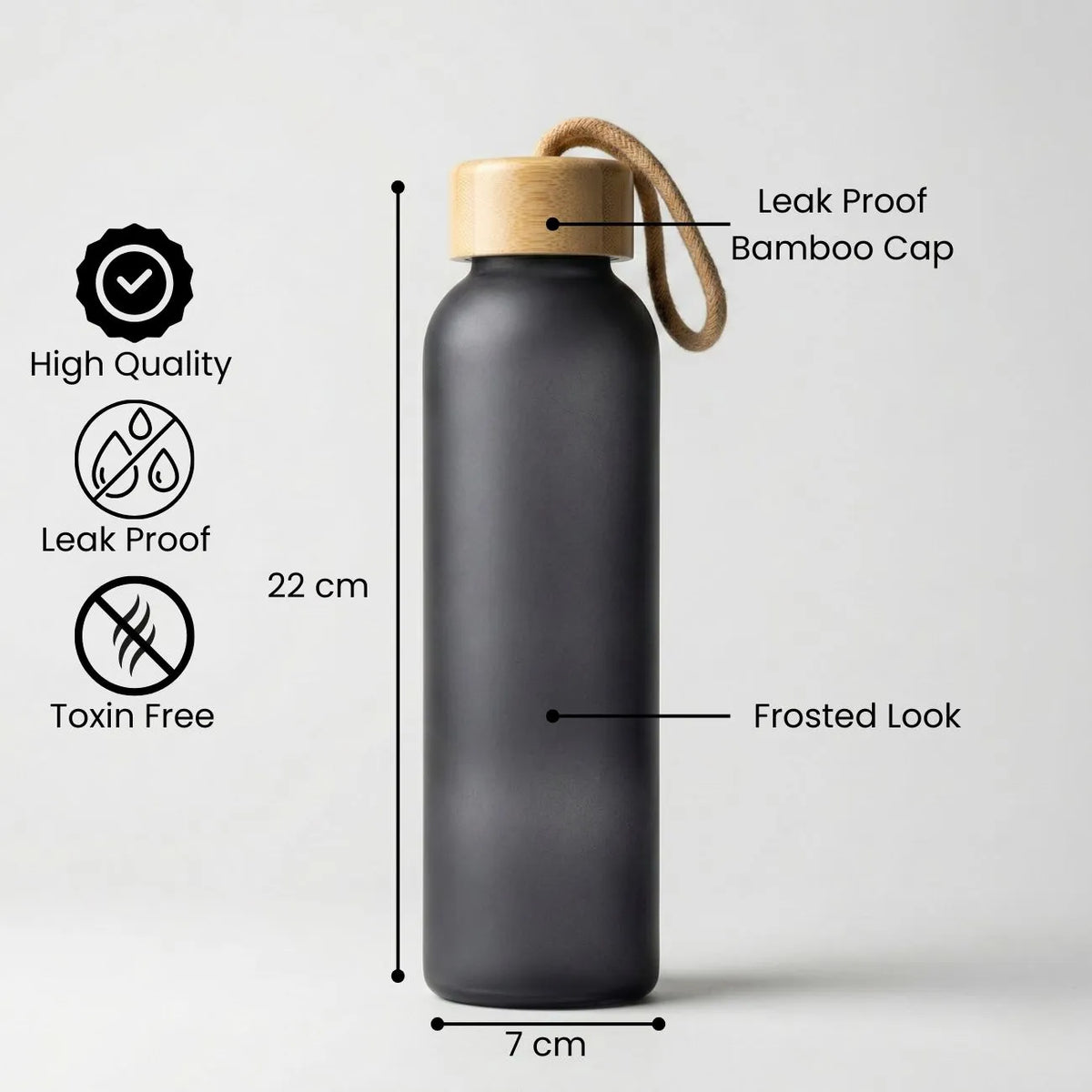 Bamboo Cap Frosted Glass Water Bottle with leak-proof design, high quality, and toxin-free materials, 22 cm tall and 7 cm wide.