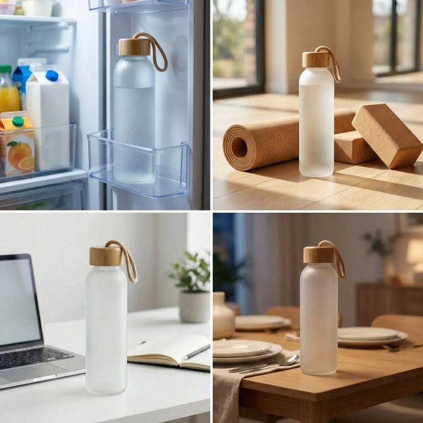 Bamboo Cap Frosted Glass Bottle shown in various settings, including a fridge and a desk, highlighting its versatility as a Glass Water Bottle.