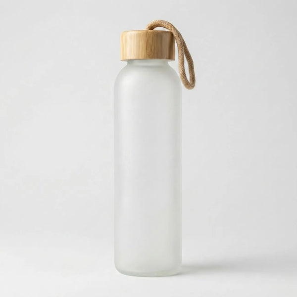 Bamboo Cap Frosted Glass Bottle, eco-friendly Glass Water Bottle for daily hydration and style.