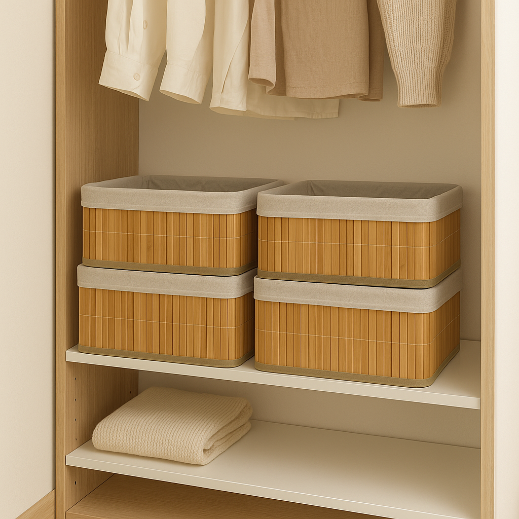4-Piece Bamboo Storage Basket Set – Stackable Natural Organizer with Washable Lining