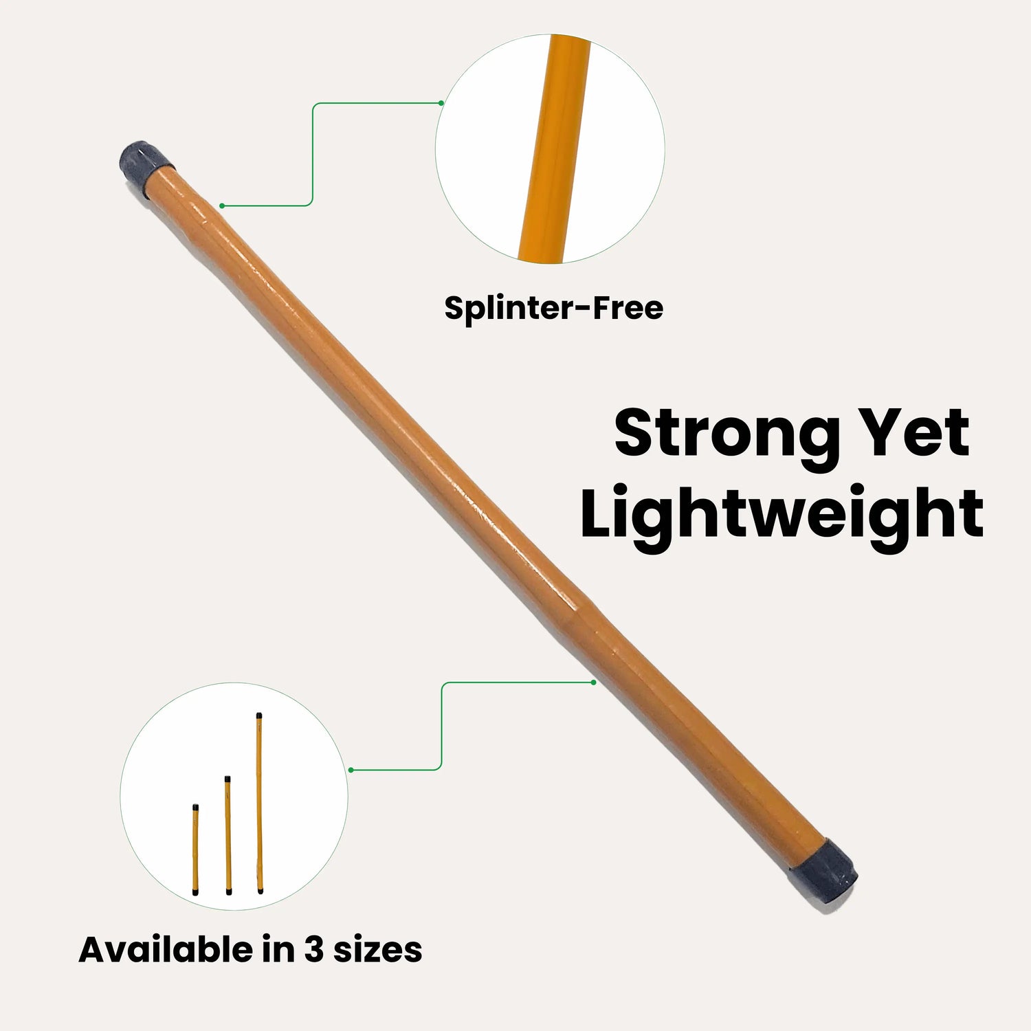 Bamboo stick with splinter-free feature and text indicating strength and size availability on a light gray background