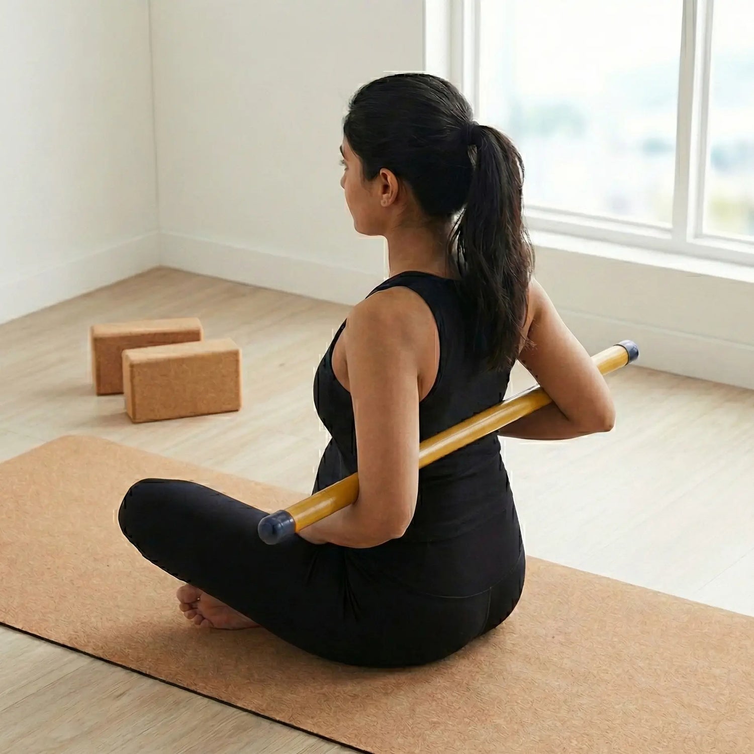Woman practicing yoga with a bamboo mini stick and blocks in a bright room.