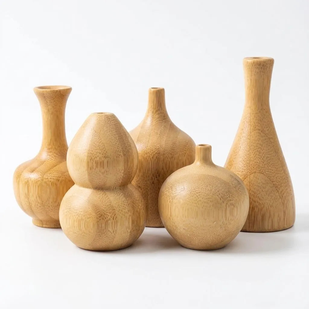 Set of 5 mini bamboo vases on a white background