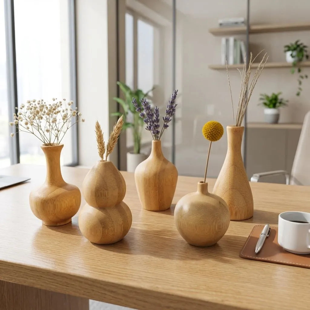 Set of 5 mini bamboo vases with decorative plants on a wooden table in a bright room.