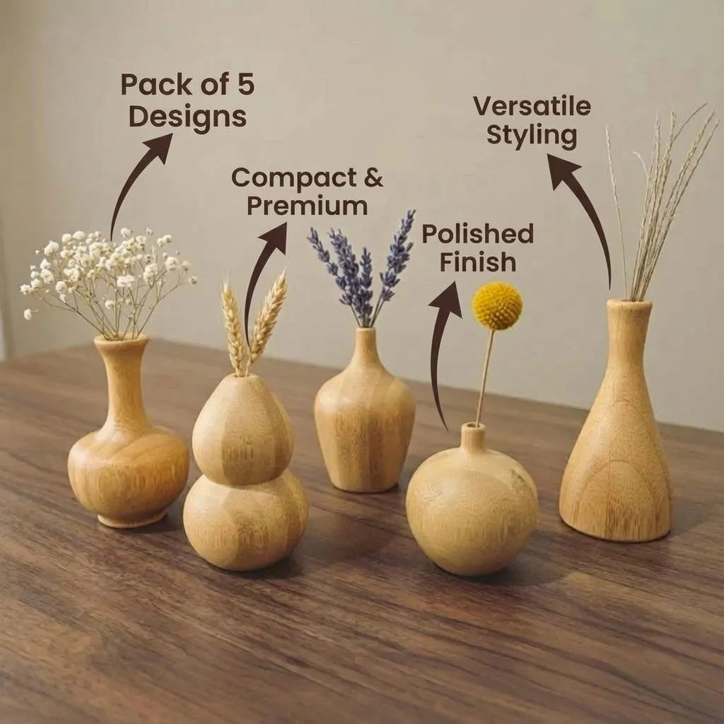 Set of five mini bamboo vases with floral arrangements on a wooden surface, with text highlighting features.