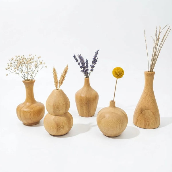 Bamboo Mini Decor Vase set of 5 showcasing natural beauty with dried flowers and elegant styling.