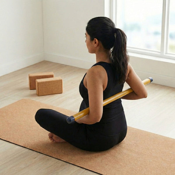 Person practicing yoga with a Bamboo Yoga Stick for improved posture and flexibility on a yoga mat.