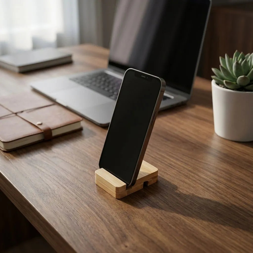 Bamboo phone stand with smartphone on a desk with laptop and plant