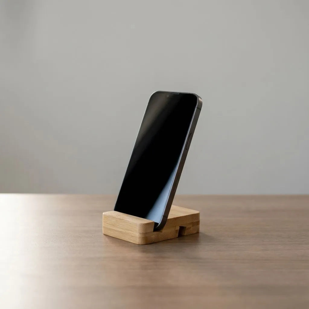 Smartphone on a bamboo stand against a neutral background