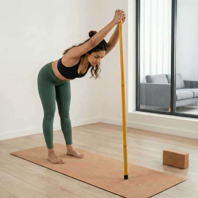 Woman practicing yoga with a pole in a home setting