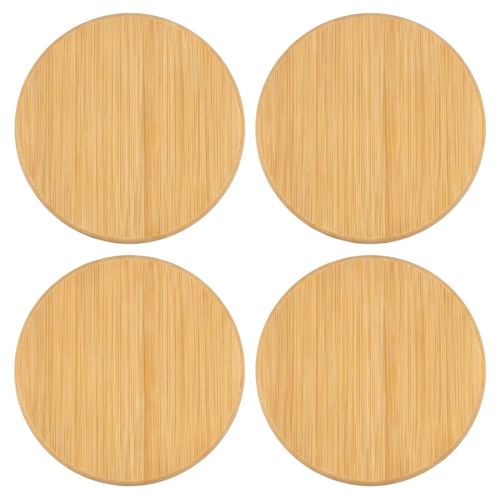 Natural Bamboo Round Coasters set of 4, top view on white background