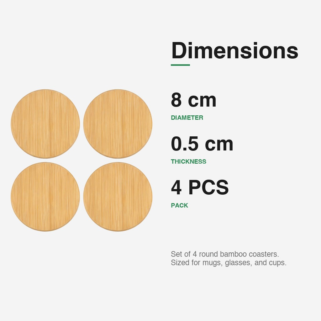 Natural Bamboo Round Coasters dimensions — 8 cm diameter, 0.5 cm thick, pack of 4